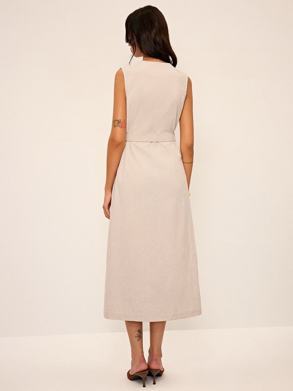 Linen Blend Sleeveless V-Neck Button Front Belted Midi Dress