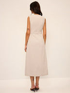 Linen Blend Sleeveless V-Neck Button Front Belted Midi Dress
