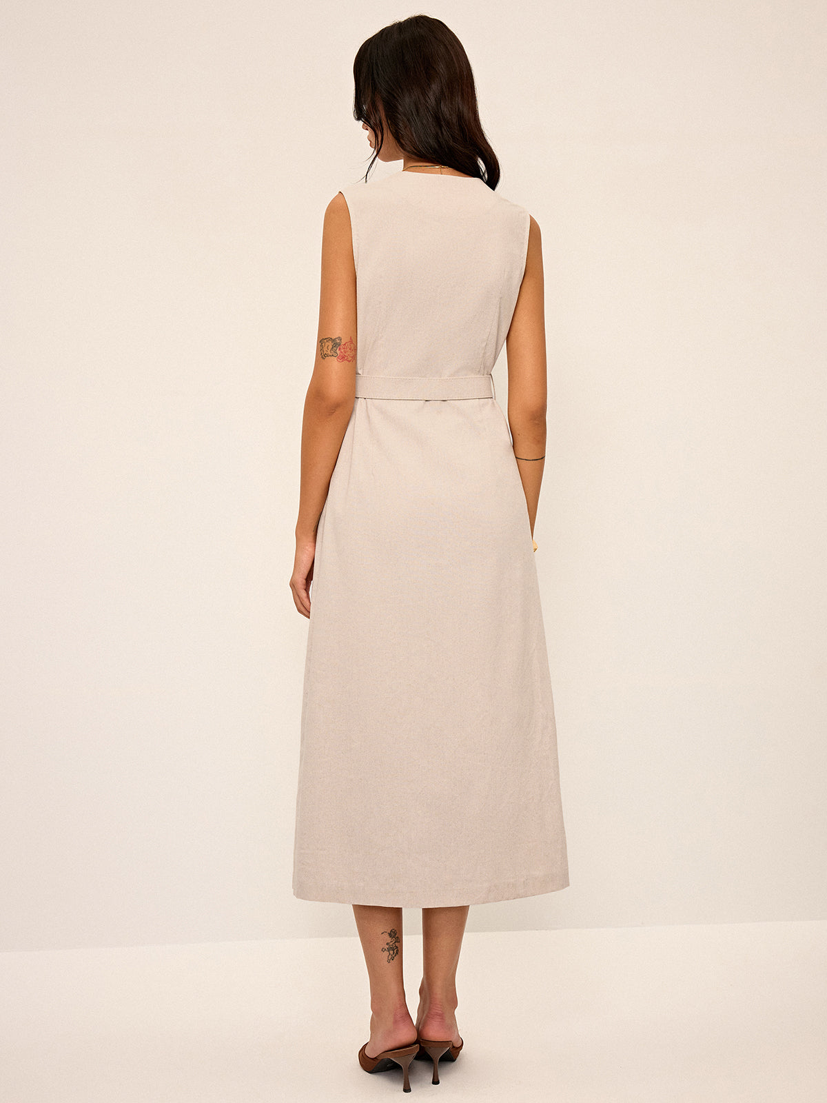 Linen Blend Sleeveless V-Neck Button Front Belted Midi Dress