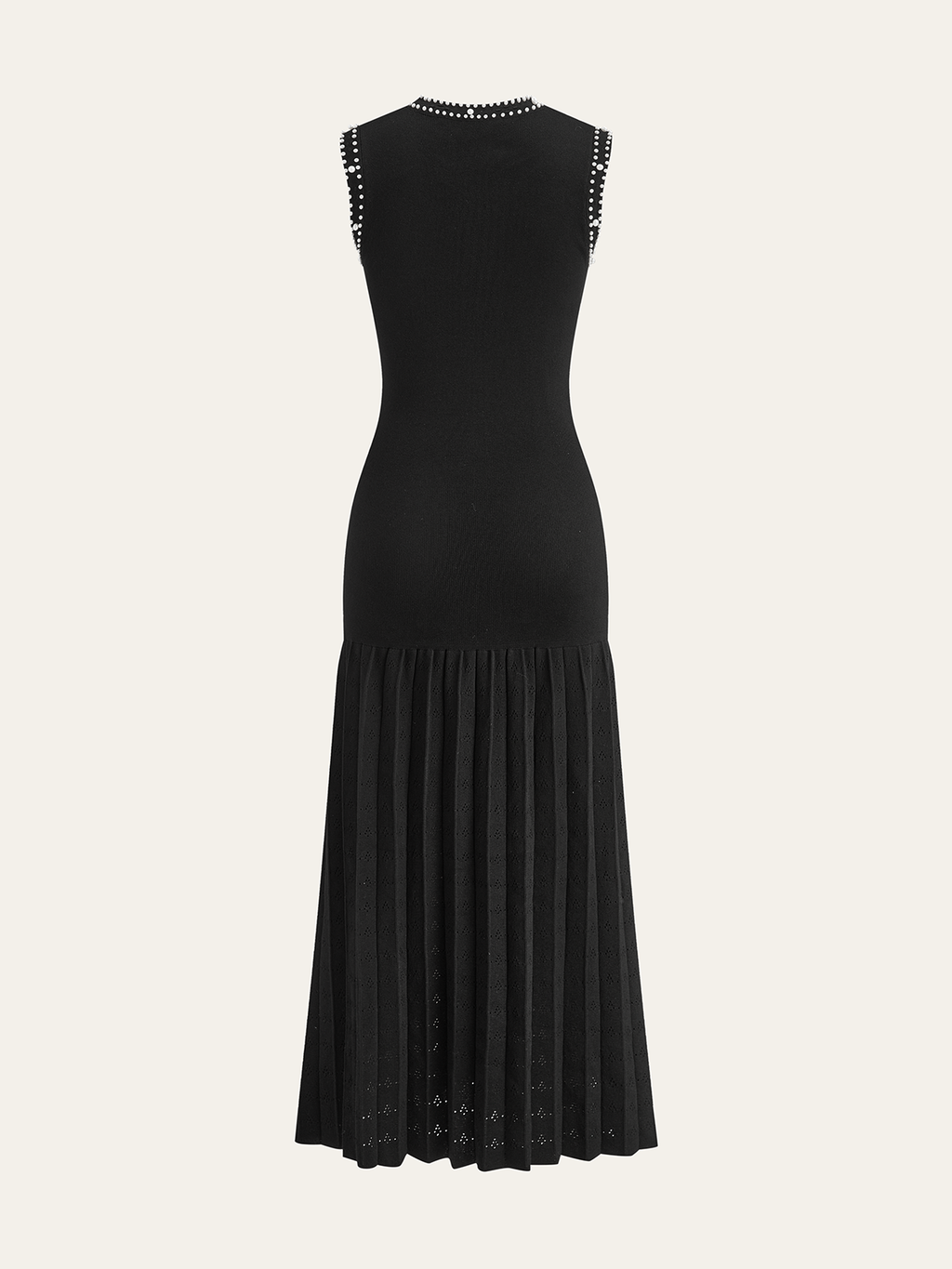 Pearl Trim Drop Waist Pointelle Pleated Skirt Crew Neck Knit Midi Dress