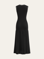 Pearl Trim Drop Waist Pointelle Pleated Skirt Crew Neck Knit Midi Dress