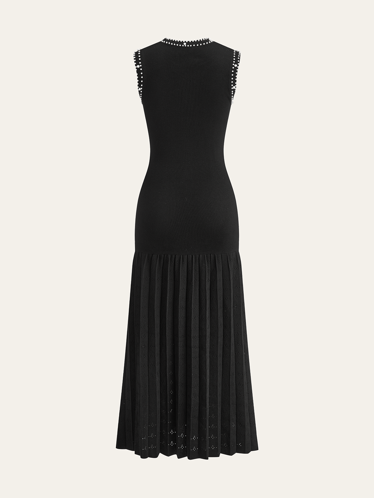 Pearl Trim Drop Waist Pointelle Pleated Skirt Crew Neck Knit Midi Dress
