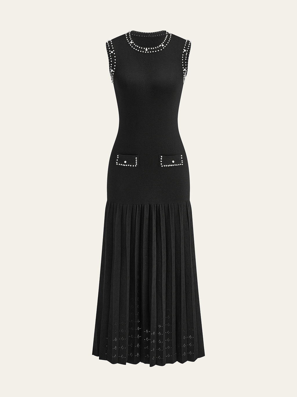 Pearl Trim Drop Waist Pointelle Pleated Skirt Crew Neck Knit Midi Dress