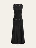 Pearl Trim Drop Waist Pointelle Pleated Skirt Crew Neck Knit Midi Dress