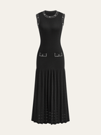 Pearl Trim Drop Waist Pointelle Pleated Skirt Crew Neck Knit Midi Dress