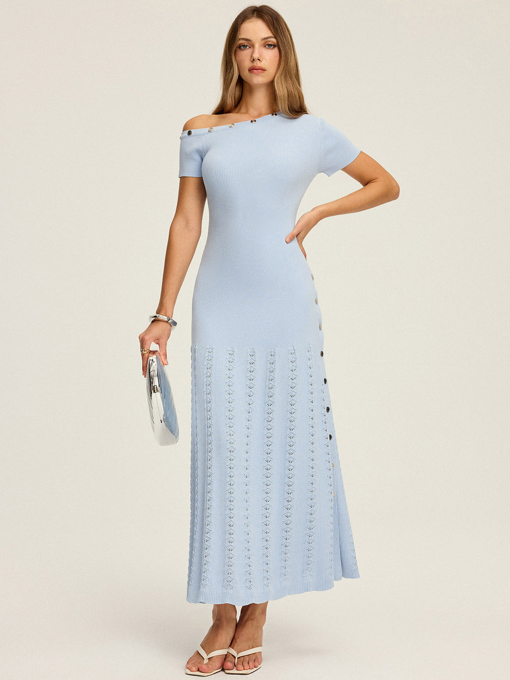 One-Shoulder Button Detail Rib Knit Pointelle Side Slit Maxi Dress