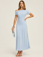 One-Shoulder Button Detail Rib Knit Pointelle Side Slit Maxi Dress
