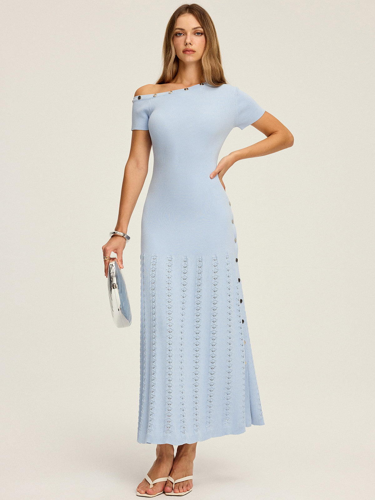 One-Shoulder Button Detail Rib Knit Pointelle Side Slit Maxi Dress