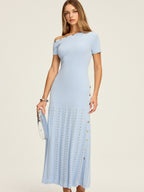 One-Shoulder Button Detail Rib Knit Pointelle Side Slit Maxi Dress