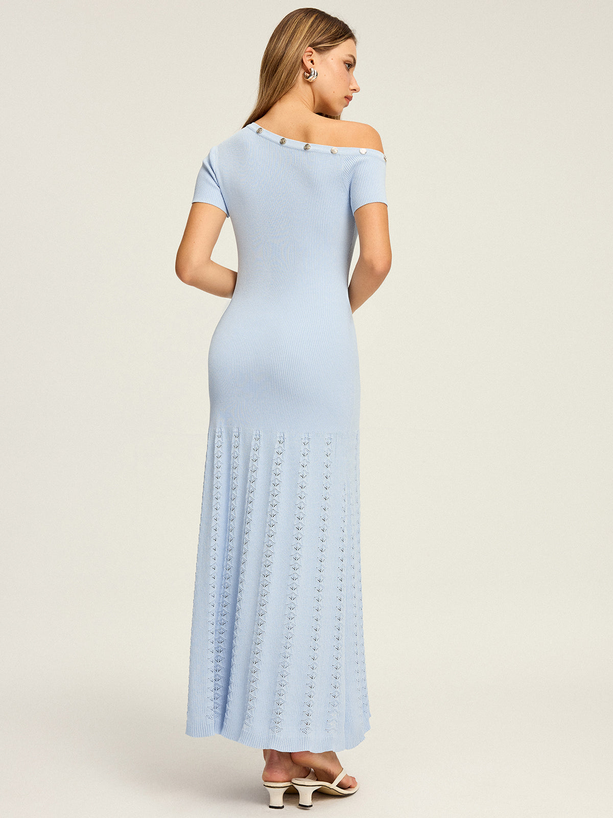 One-Shoulder Button Detail Rib Knit Pointelle Side Slit Maxi Dress
