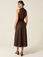 Dark Brown Belted Button-front Midi Dress