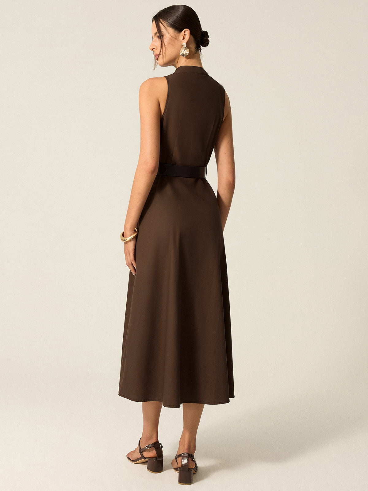 Dark Brown Belted Button-front Midi Dress