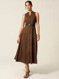 Dark Brown Belted Button-front Midi Dress