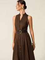 Dark Brown Belted Button-front Midi Dress