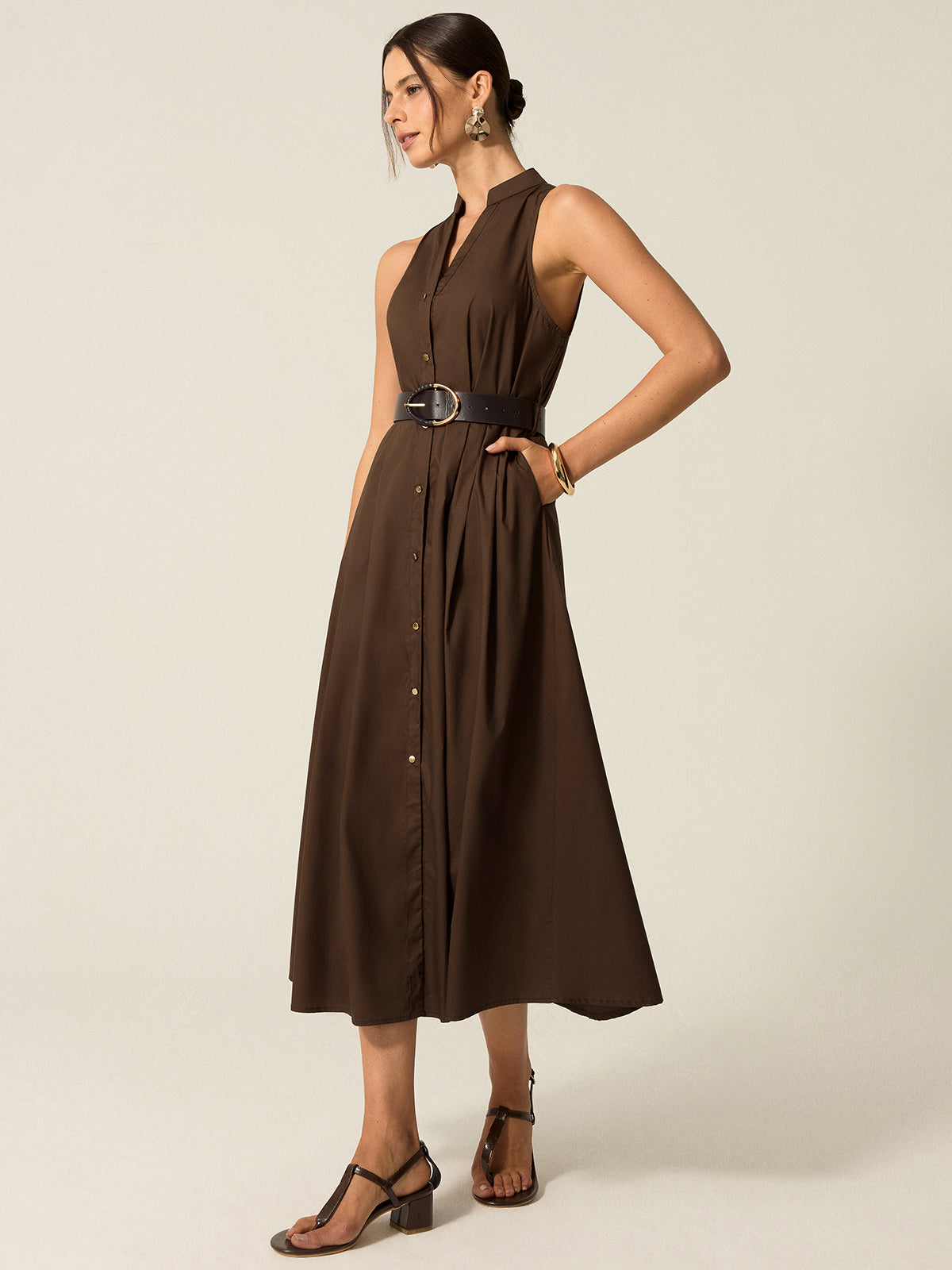 Dark Brown Belted Button-front Midi Dress