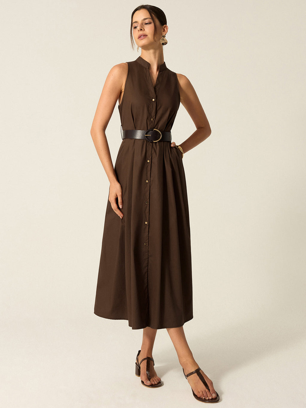 Dark Brown Belted Button-front Midi Dress