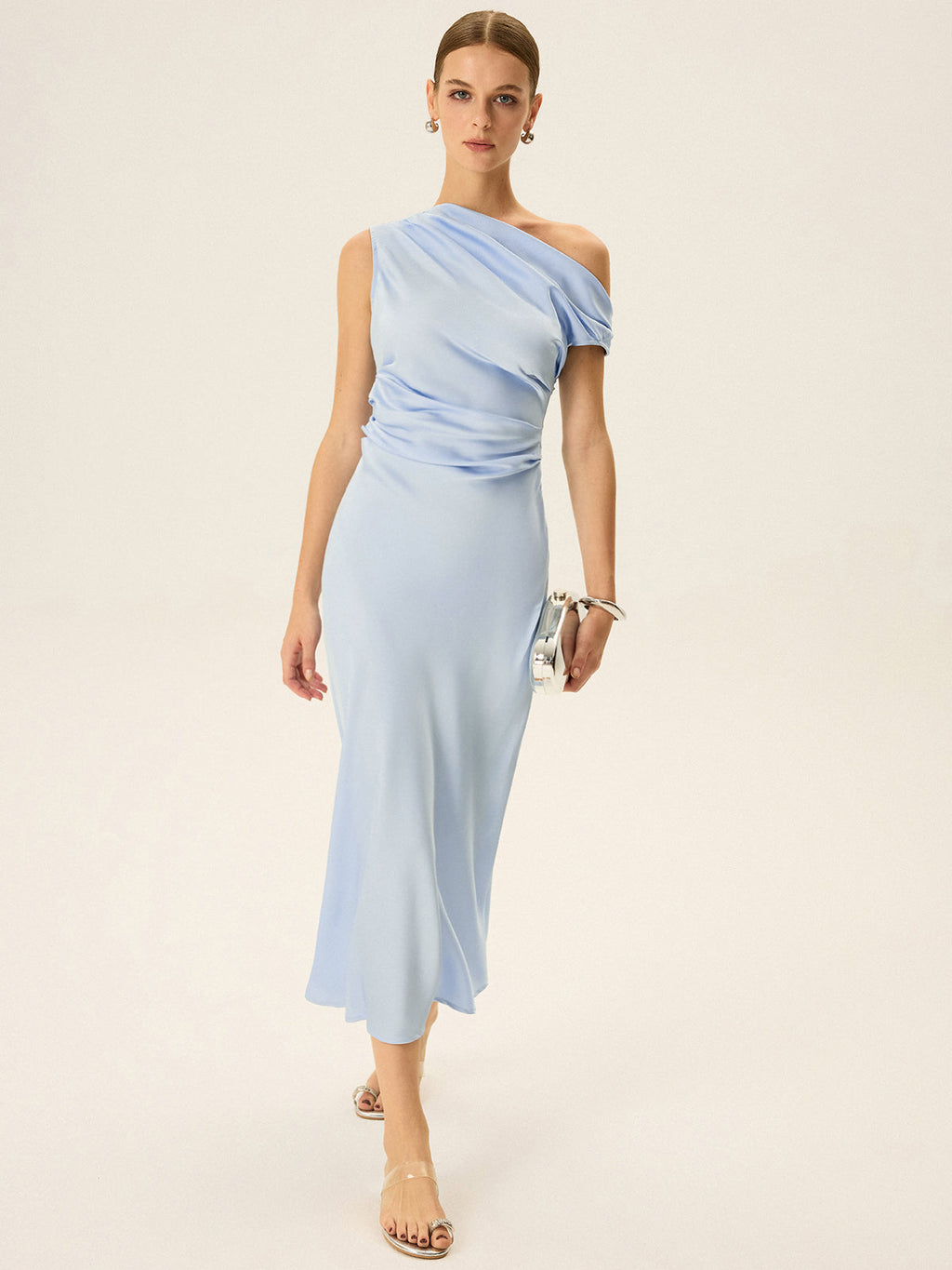 Satin One Shoulder Draped Asymmetric Neckline Midi Dress