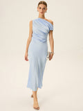 Satin One Shoulder Draped Asymmetric Neckline Midi Dress