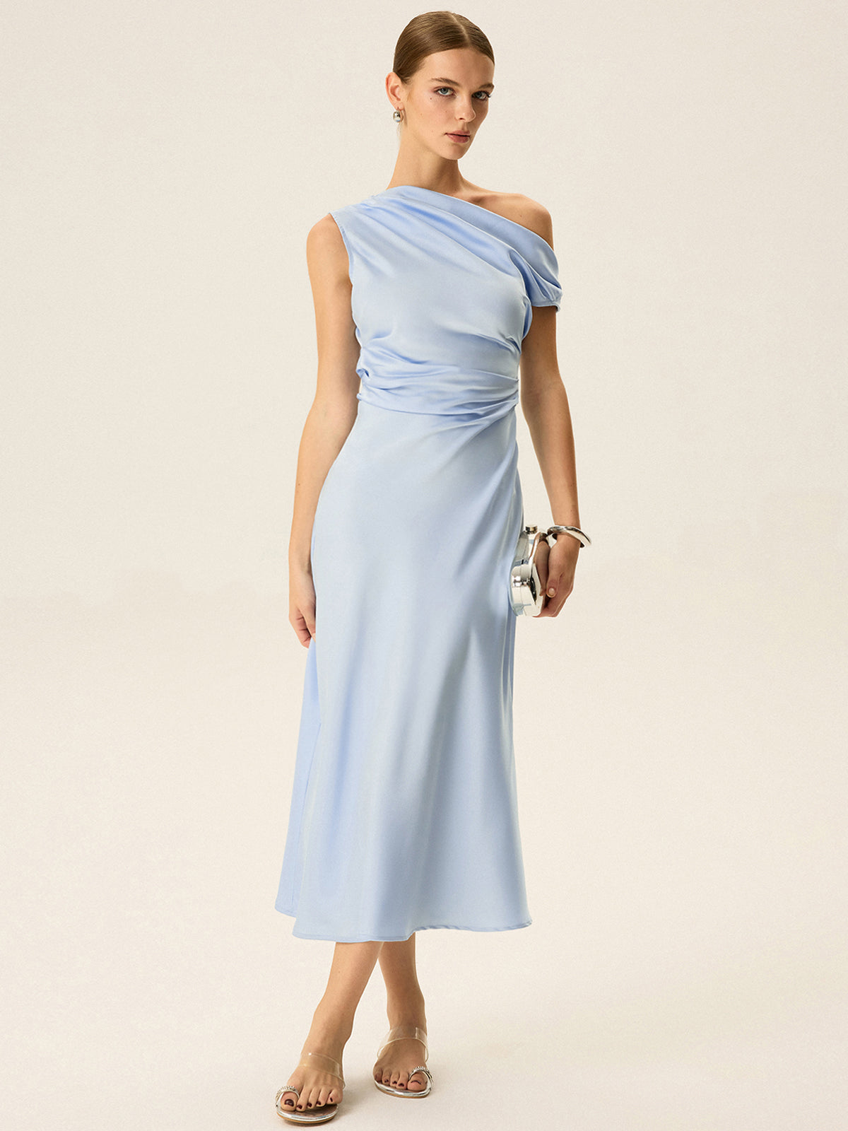 Satin One Shoulder Draped Asymmetric Neckline Midi Dress