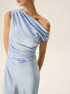 Satin One Shoulder Draped Asymmetric Neckline Midi Dress