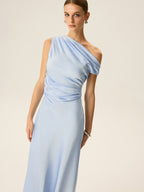 Satin One Shoulder Draped Asymmetric Neckline Midi Dress