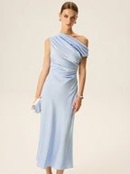 Satin One Shoulder Draped Asymmetric Neckline Midi Dress