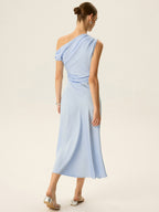 Satin One Shoulder Draped Asymmetric Neckline Midi Dress