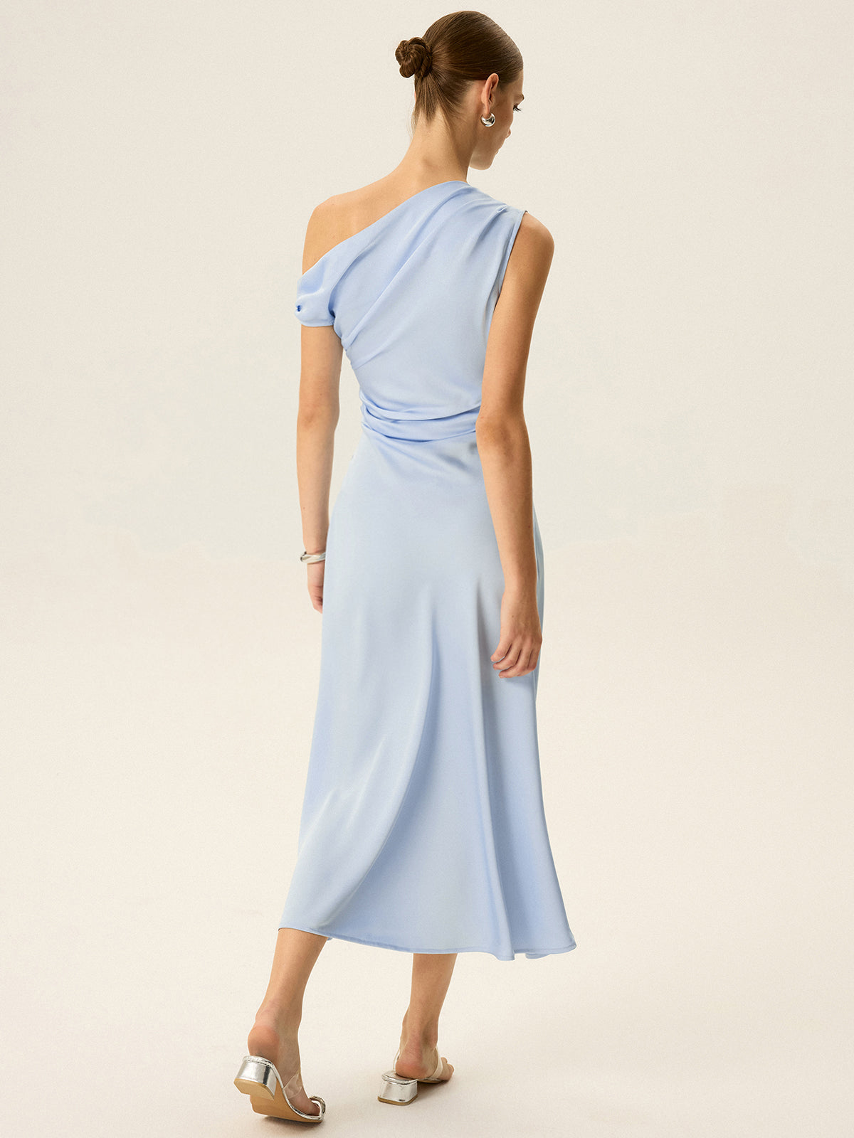 Satin One Shoulder Draped Asymmetric Neckline Midi Dress