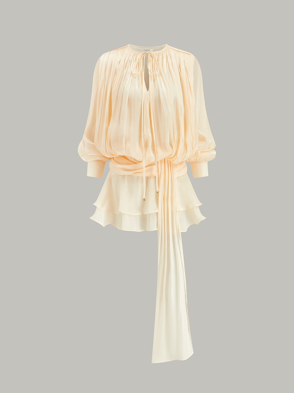 Deep V-Neck Long Blouson Sleeve Draped Sash Tiered Shimmer Mini Dress