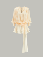 Deep V-Neck Long Blouson Sleeve Draped Sash Tiered Shimmer Mini Dress