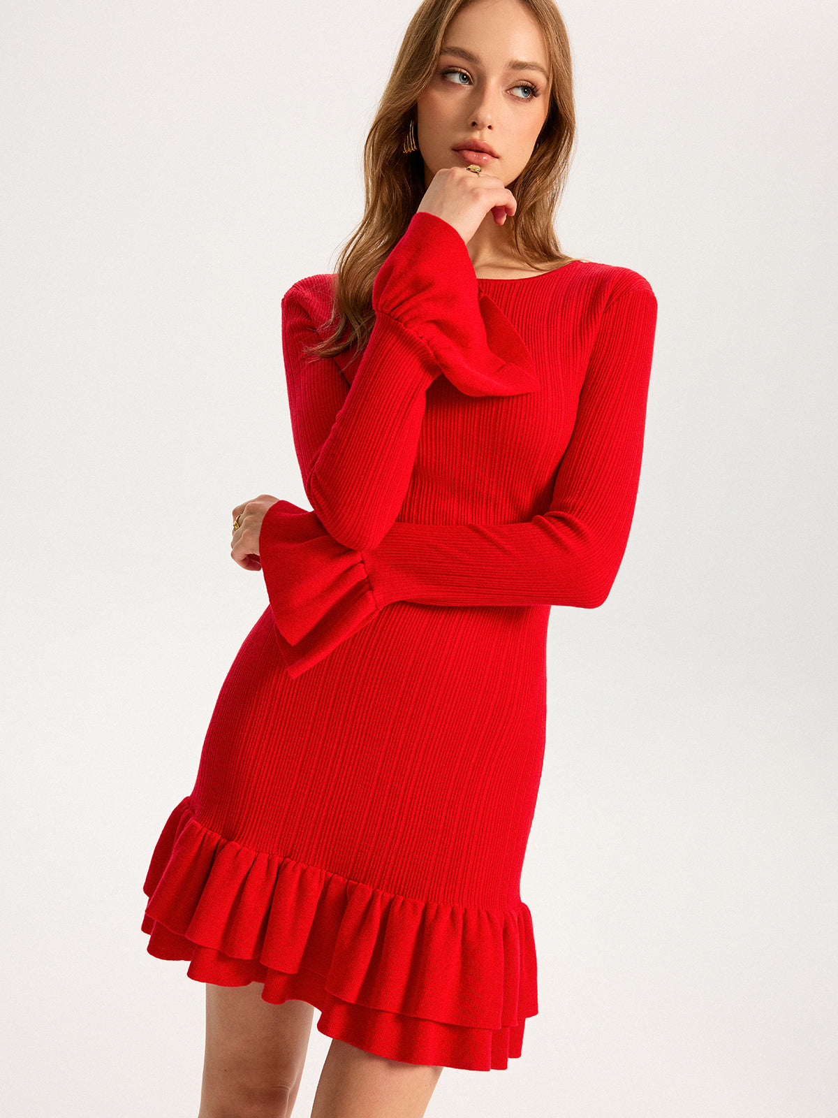 Rib Knit Bell Cuff Ruffle Hem Long Sleeve Mini Dress