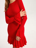 Rib Knit Bell Cuff Ruffle Hem Long Sleeve Mini Dress