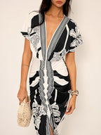 Palm Leaf Print Deep V Neck Flutter Sleeve Ruched Front Maxi Dress
