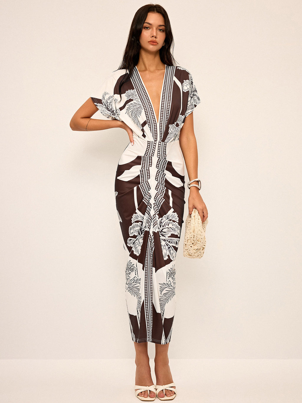 Palm Leaf Print Deep V Neck Flutter Sleeve Ruched Front Maxi Dress