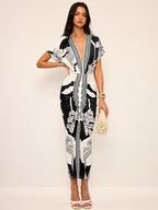 Palm Leaf Print Deep V Neck Flutter Sleeve Ruched Front Maxi Dress