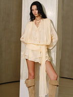 Deep V-Neck Long Blouson Sleeve Draped Sash Tiered Shimmer Mini Dress