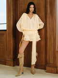 Deep V-Neck Long Blouson Sleeve Draped Sash Tiered Shimmer Mini Dress
