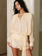 Deep V-Neck Long Blouson Sleeve Draped Sash Tiered Shimmer Mini Dress