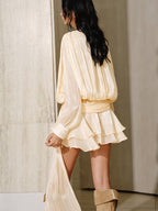 Deep V-Neck Long Blouson Sleeve Draped Sash Tiered Shimmer Mini Dress