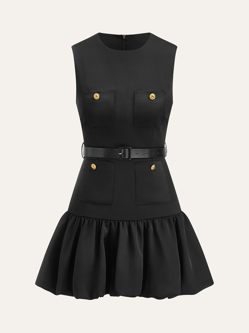 Crew Neck Patch Pocket Metal Button Ruffled Hem Mini Dress