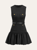 Crew Neck Patch Pocket Metal Button Ruffled Hem Mini Dress