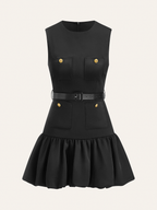 Crew Neck Patch Pocket Metal Button Ruffled Hem Mini Dress