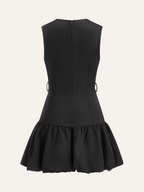 Crew Neck Patch Pocket Metal Button Ruffled Hem Mini Dress