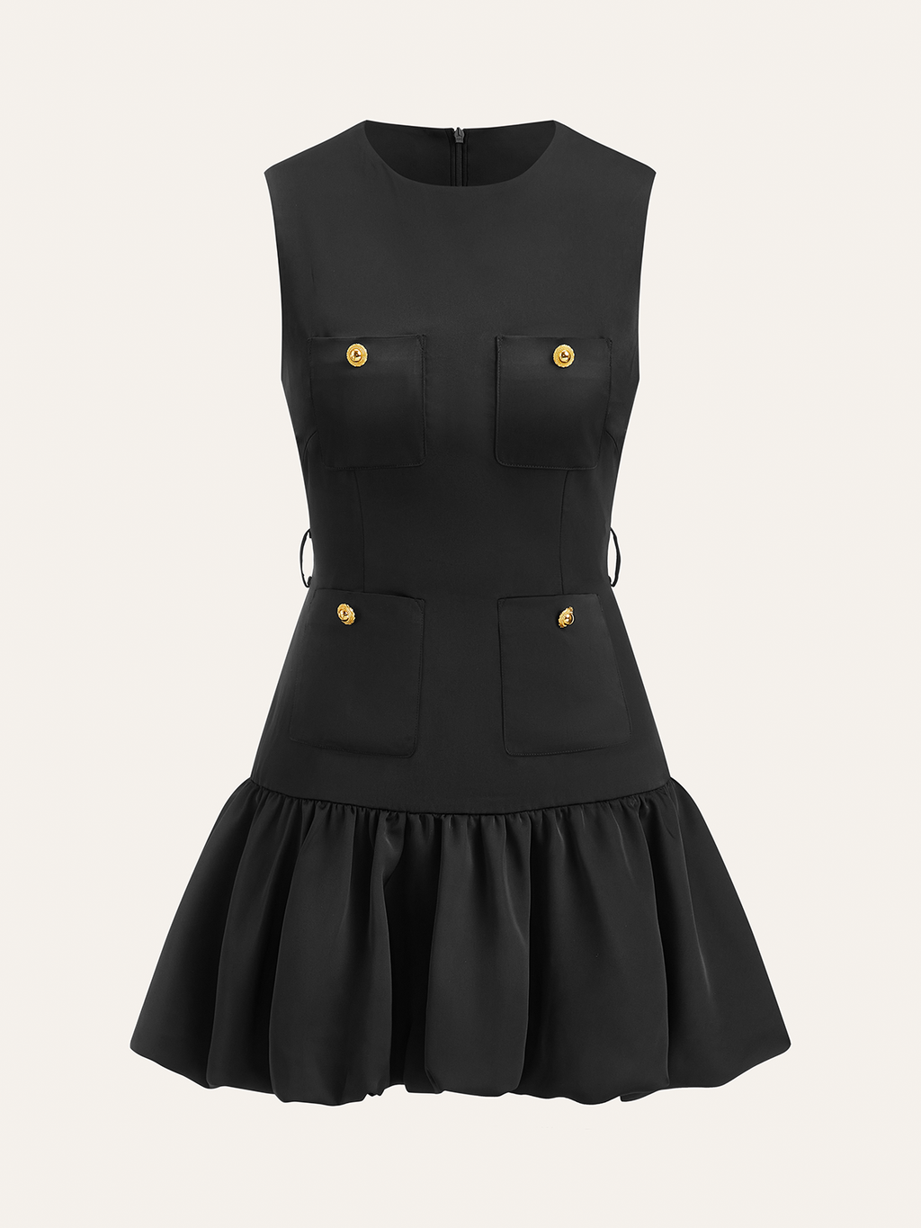 Crew Neck Patch Pocket Metal Button Ruffled Hem Mini Dress