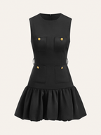 Crew Neck Patch Pocket Metal Button Ruffled Hem Mini Dress