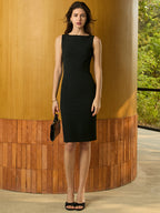 Sleeveless Boat Neck Tailored Sheath Knee Length Midi Dress