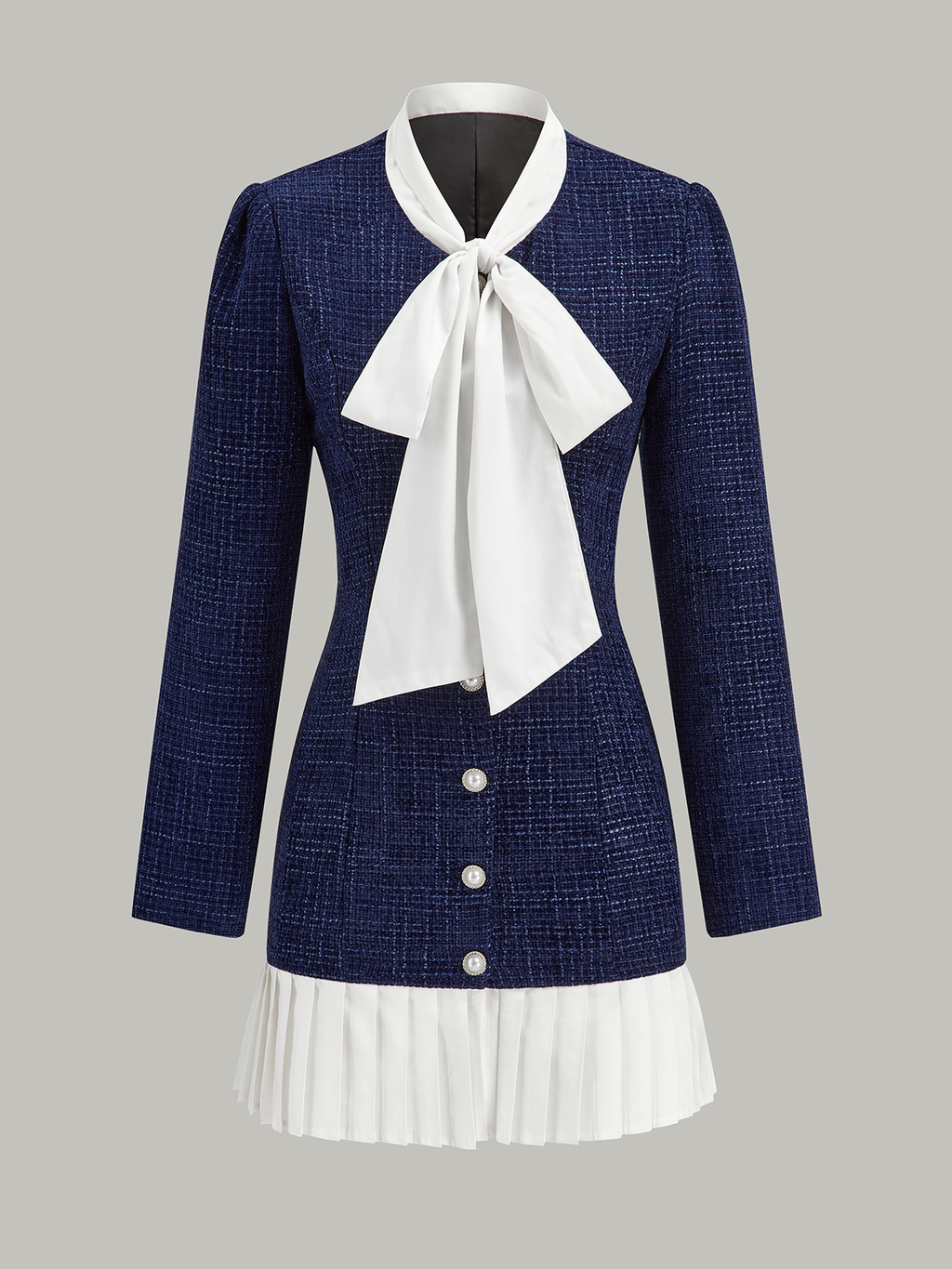 Tweed Pussy Bow Collar Pearl Button Contrast Pleated Hem Mini Dress