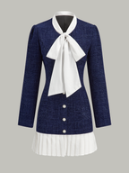 Tweed Pussy Bow Collar Pearl Button Contrast Pleated Hem Mini Dress