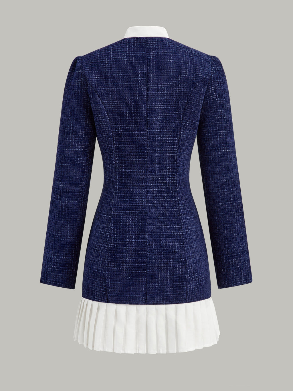 Tweed Pussy Bow Collar Pearl Button Contrast Pleated Hem Mini Dress