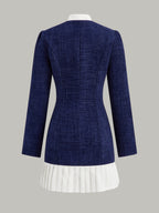 Tweed Pussy Bow Collar Pearl Button Contrast Pleated Hem Mini Dress